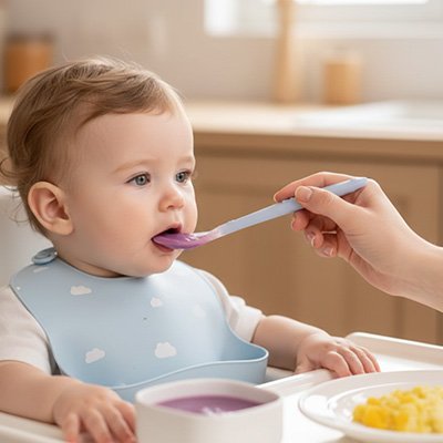Cuillere bebe avec maman qui nourrit son petit