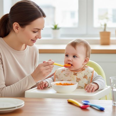 Cuillère bébé mamanaide son fils a manger