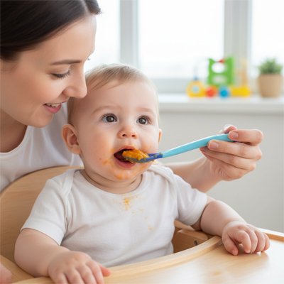 Cuillère bébé aide son enfant avec cuillere 