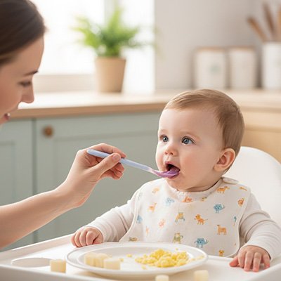 Cuillere bebe maman sourrit en donnant a manger a son fils
