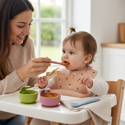Cuillère bébé qui mange avec maman