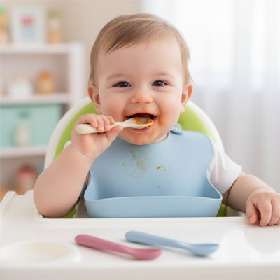 Cuillère bébé  qui mange et qui sourit
