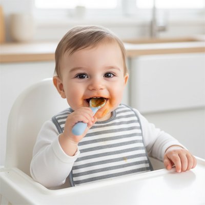 Cuillère bébé qui rit et mange sa compote