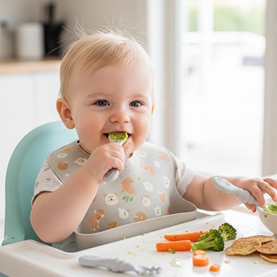 Cuillere bebe souriant qui mange ses fraise