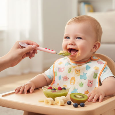 cuillere pour bebe qui rit a sa maman