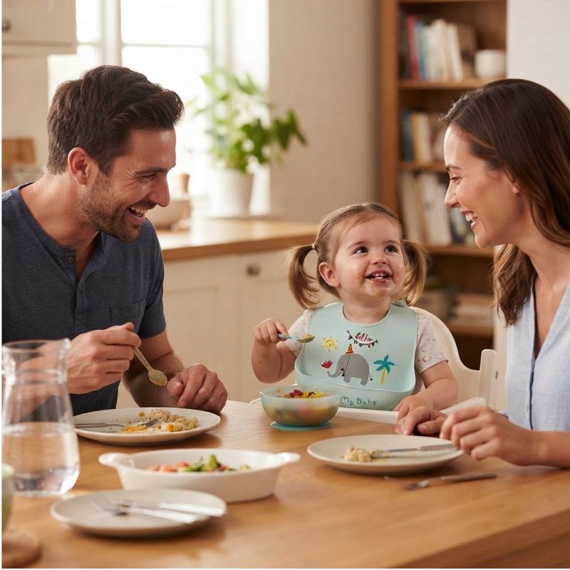enfant à table avec ses parents et Bavoir pour bébé ultra-absorbant