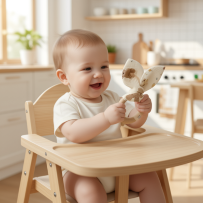 enfant assise dans chaise haute avec anneau de dentition bois