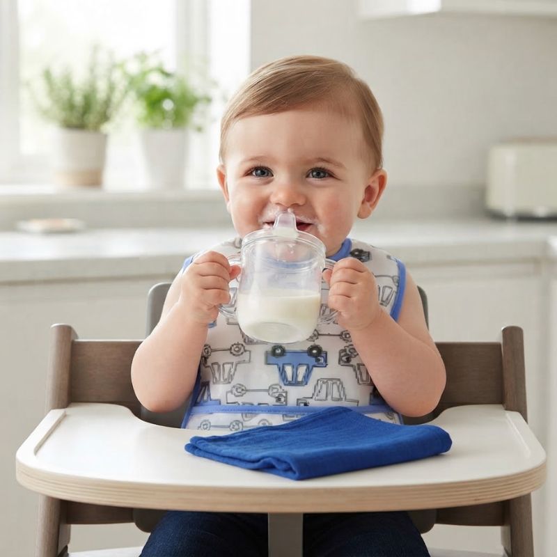 Enfant boit son lait, assis, bavoir bébé ultra-absorbant