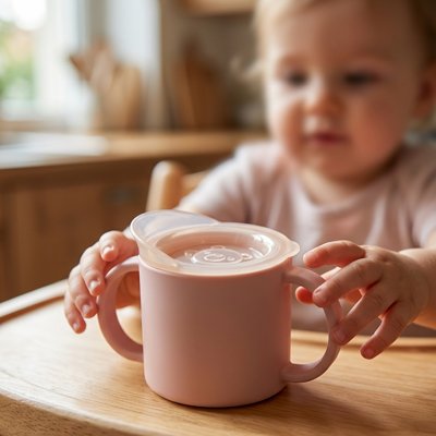 Gobelet bebe assit devant son verre