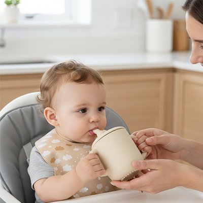 Gobelet bebe beige maman aide son enfant a boire