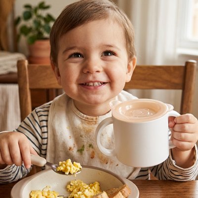 Gobelet bebe devant son assiette