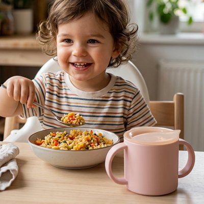 Gobelet bebe  devant son assiette de legume
