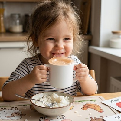 Gobelet bebe enfant qui sourit avec son verre
