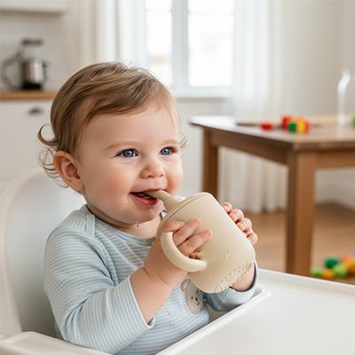Gobelet bebe souriant avec son verre