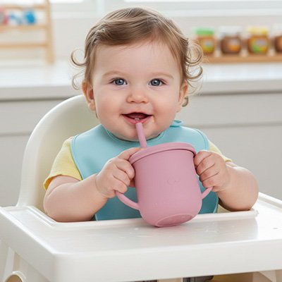 Gobelet bebe qui sourit avec son verre