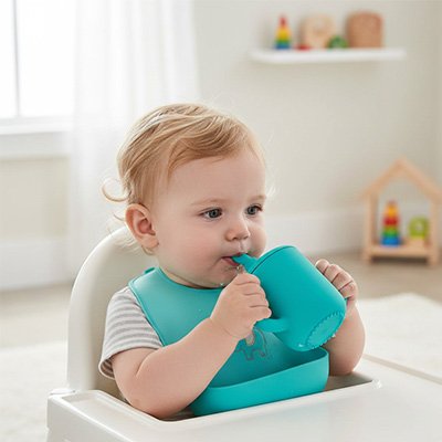 Gobelet bebe vert dans main bebe