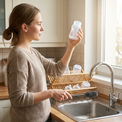 Goupillon biberon  maman regarde biberon