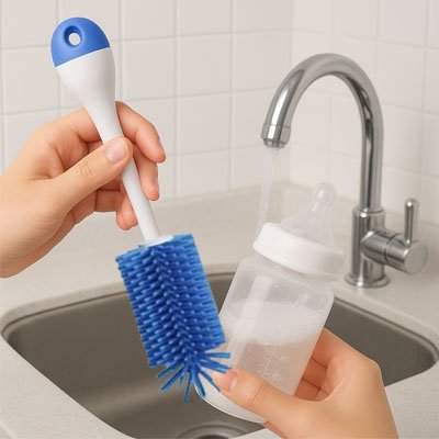 Goupillon biberon maman utilise goupillon bleu pour biberon