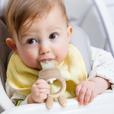 Grignoteuse bebe assit dans sa chaise haute