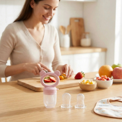 grignoteuse bébé maman prepare sucette avec fruit