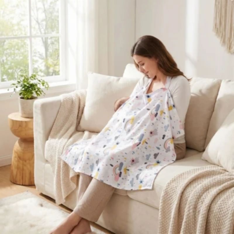 maman assie au salon avec bebe couvert cape d allaitement