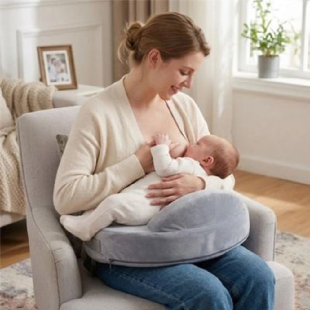 maman assise avec bébé sur sein avec Coussin d'allaitement