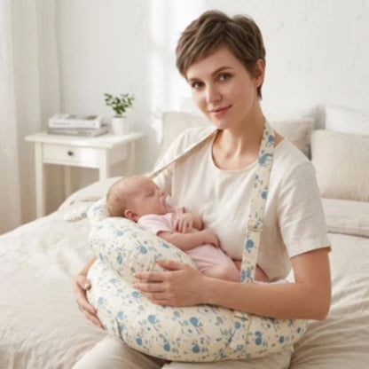 maman assise sur son lit avec bebe et coussin allaitement
