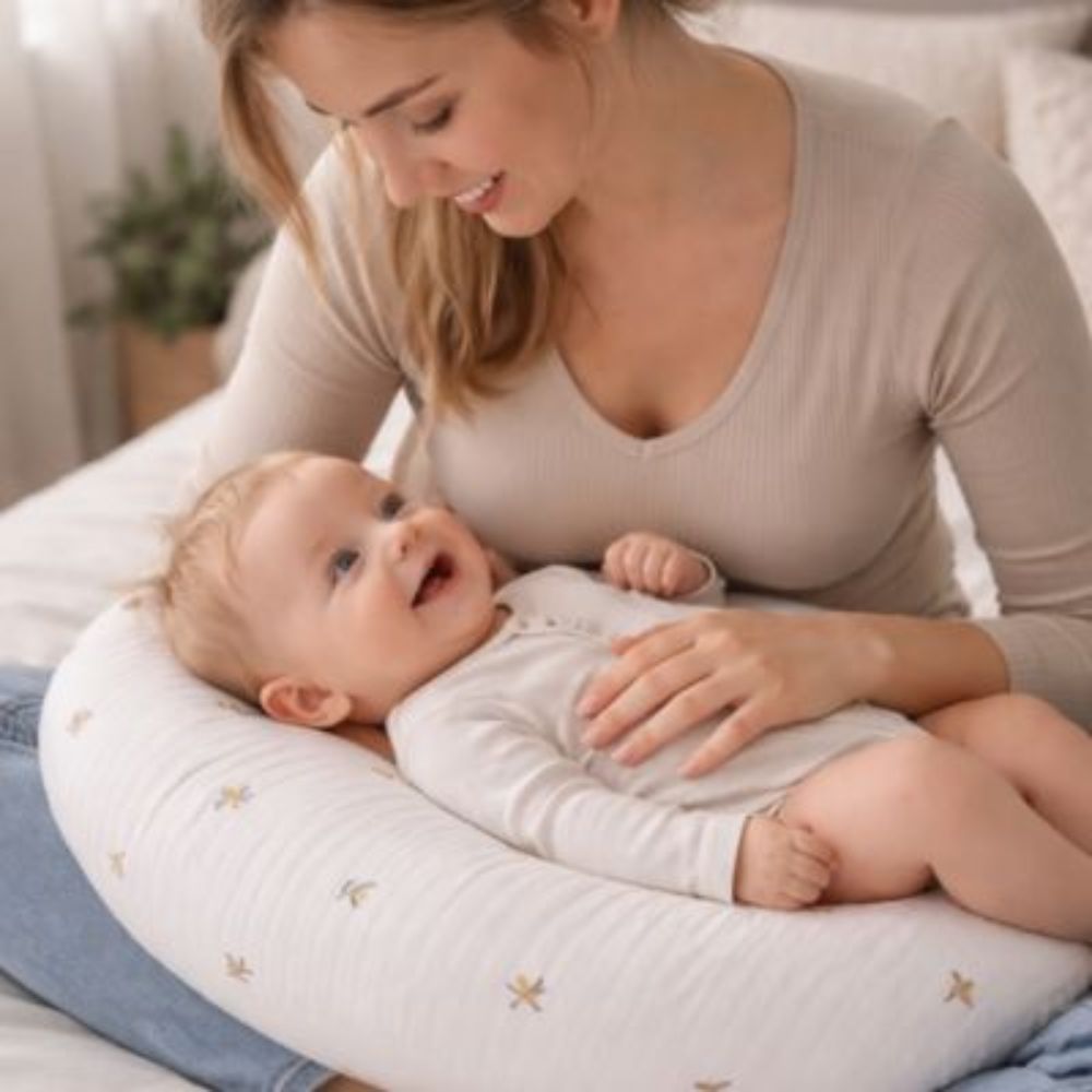 maman assise sur son lit avec Coussin allaitement coton naturel
