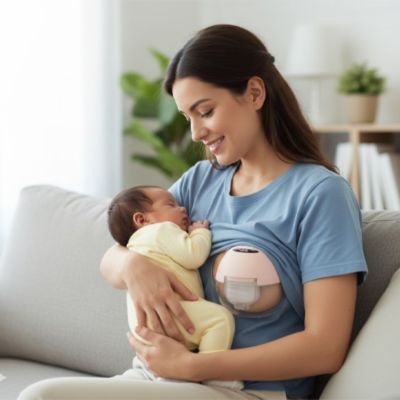 maman avec son bebe et tire lait sans fil