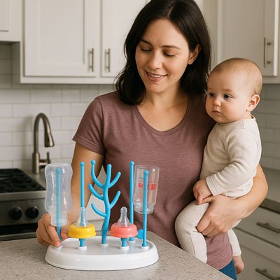 maman dans cuisine avec son bebe et egouttoir biberon design vertical