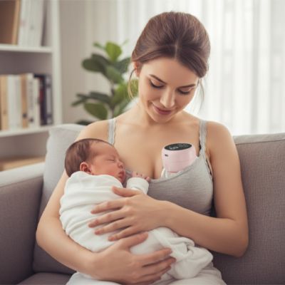 maman dans ses bras bebe et Tire lait Sans Fil