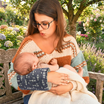 maman dans son jardin avec bebe et Coussin d'allaitement bras