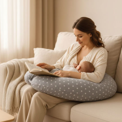 maman detendu avec un livre et bebe sur coussin d'allaitement