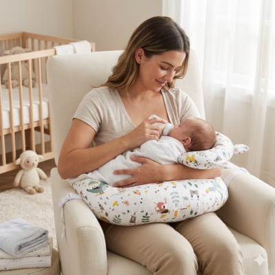 maman donne biberon bebe avec coussin d'allaitement
