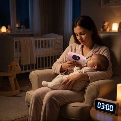 maman donne biberon nuit avec Chauffe biberon nomade