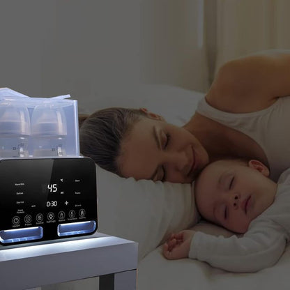 Maman dort paisiblement avec bebe a coter chauffe biberon