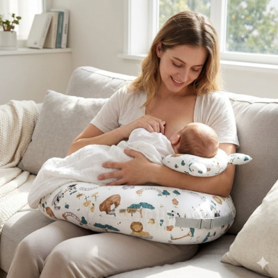 maman nourrie son bebe au sein avec coussin d'allaitement