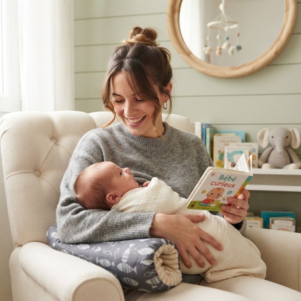 maman prend appui sur le Coussin d'allaitement