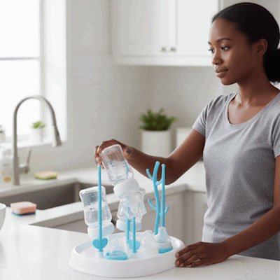 maman qui range les biberons sur egouttoir biberon design vertical
