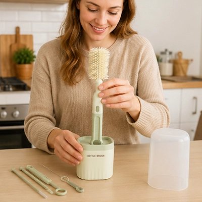 maman range les brosses dans sa boite a Goupillon biberon
