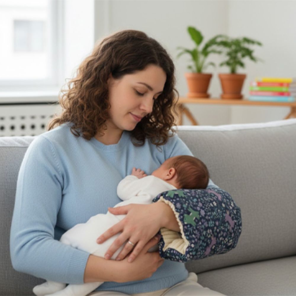 maman veille sur son bebe qui dort sur Coussin d'allaitement 
