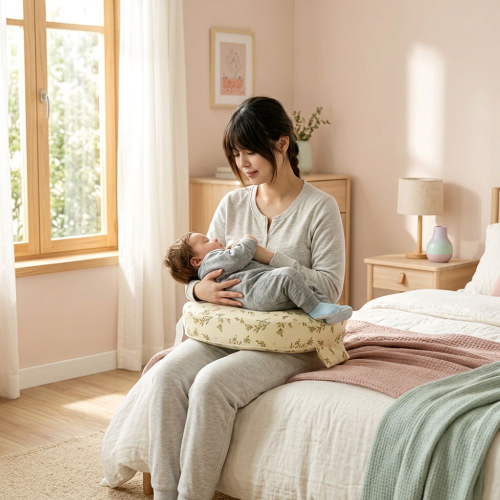 maman assise sur son lit avec le coussin allaitement