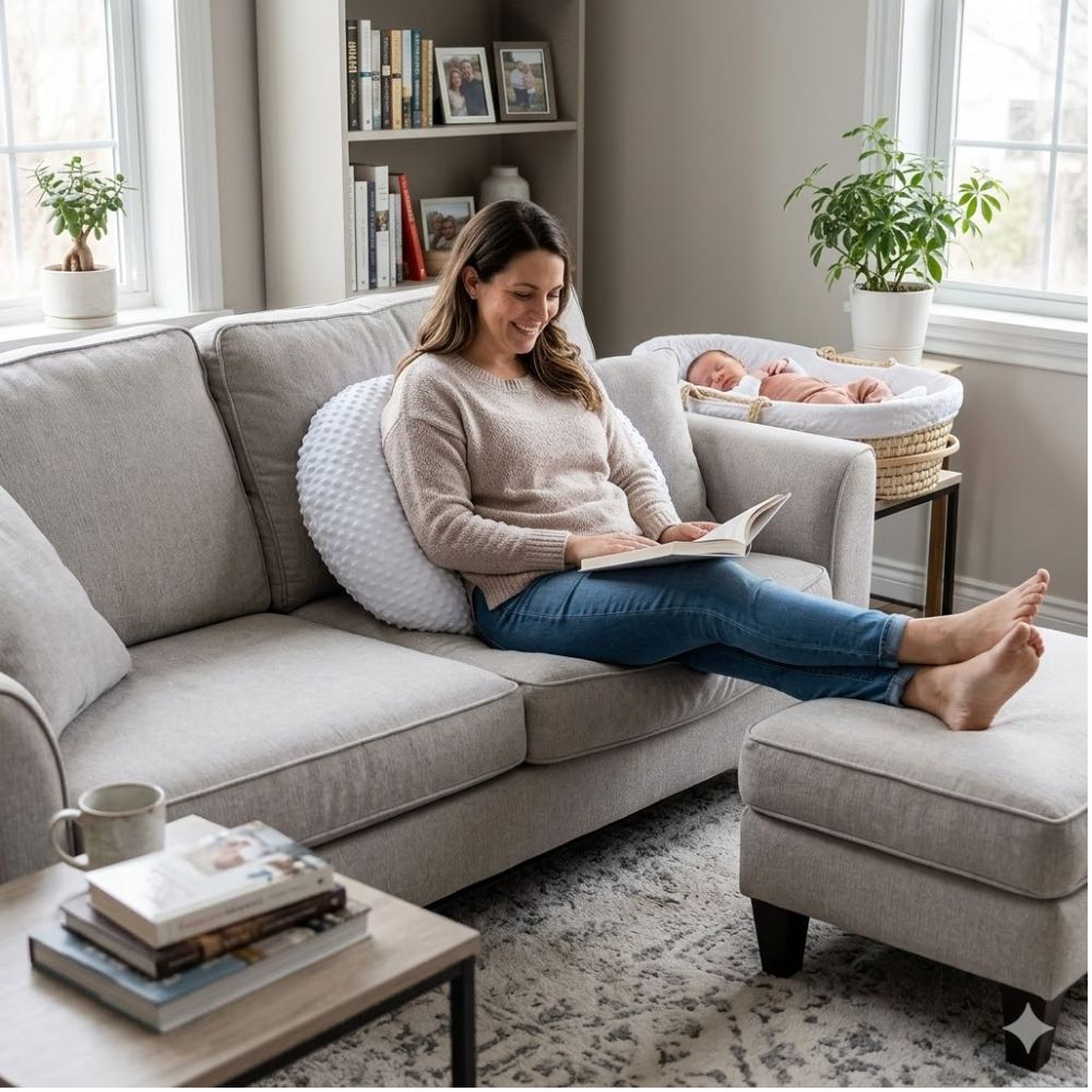 maman detendu dans son salon adosser a son Coussin d'allaitement   gris