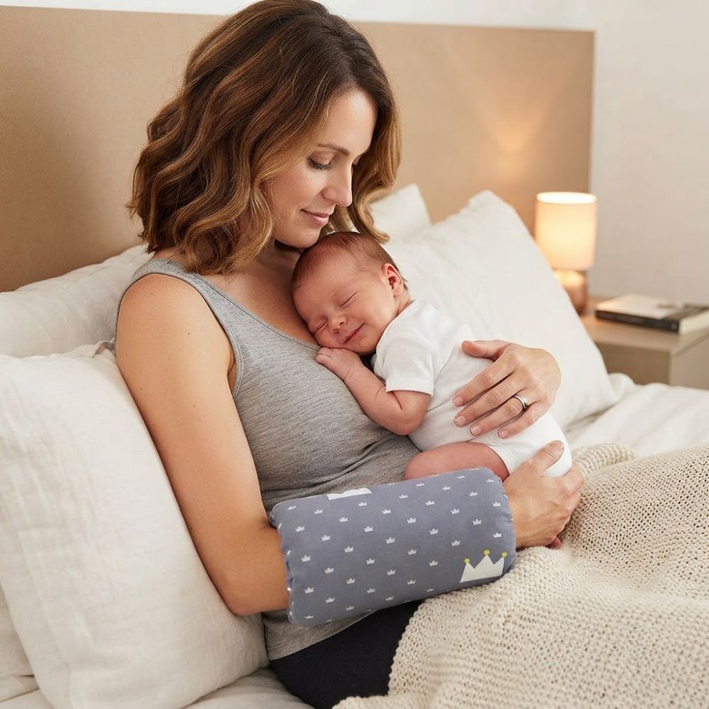 maman fait dormir bebe au lit avec Coussin allaitement 