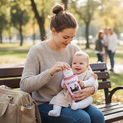 Porte biberon maman assit sur banc avec son bebe