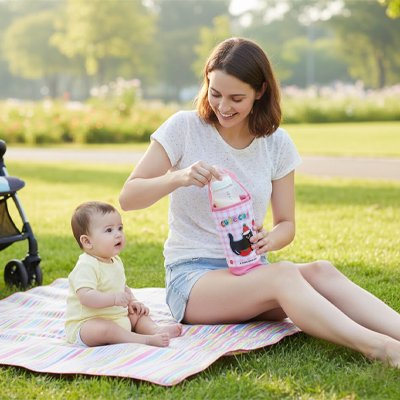 Porte biberon maman et bebe au jardin