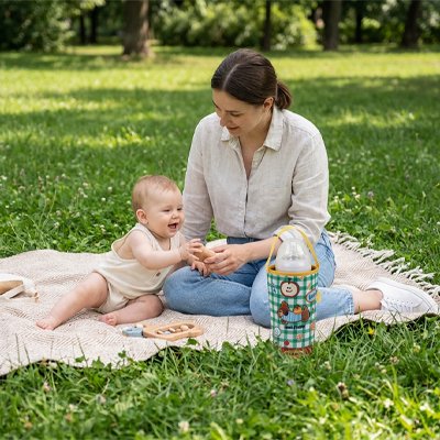 Porte biberon maman joue avec son bebe