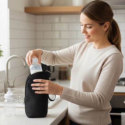 Porte biberon maman retire biberon du sac