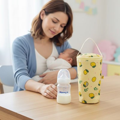 Porte biberon maman assise avec son bebe