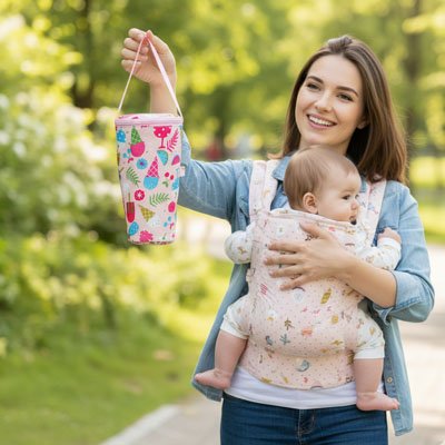 Porte biberon nomade maman porte son bebe dans kangourou
